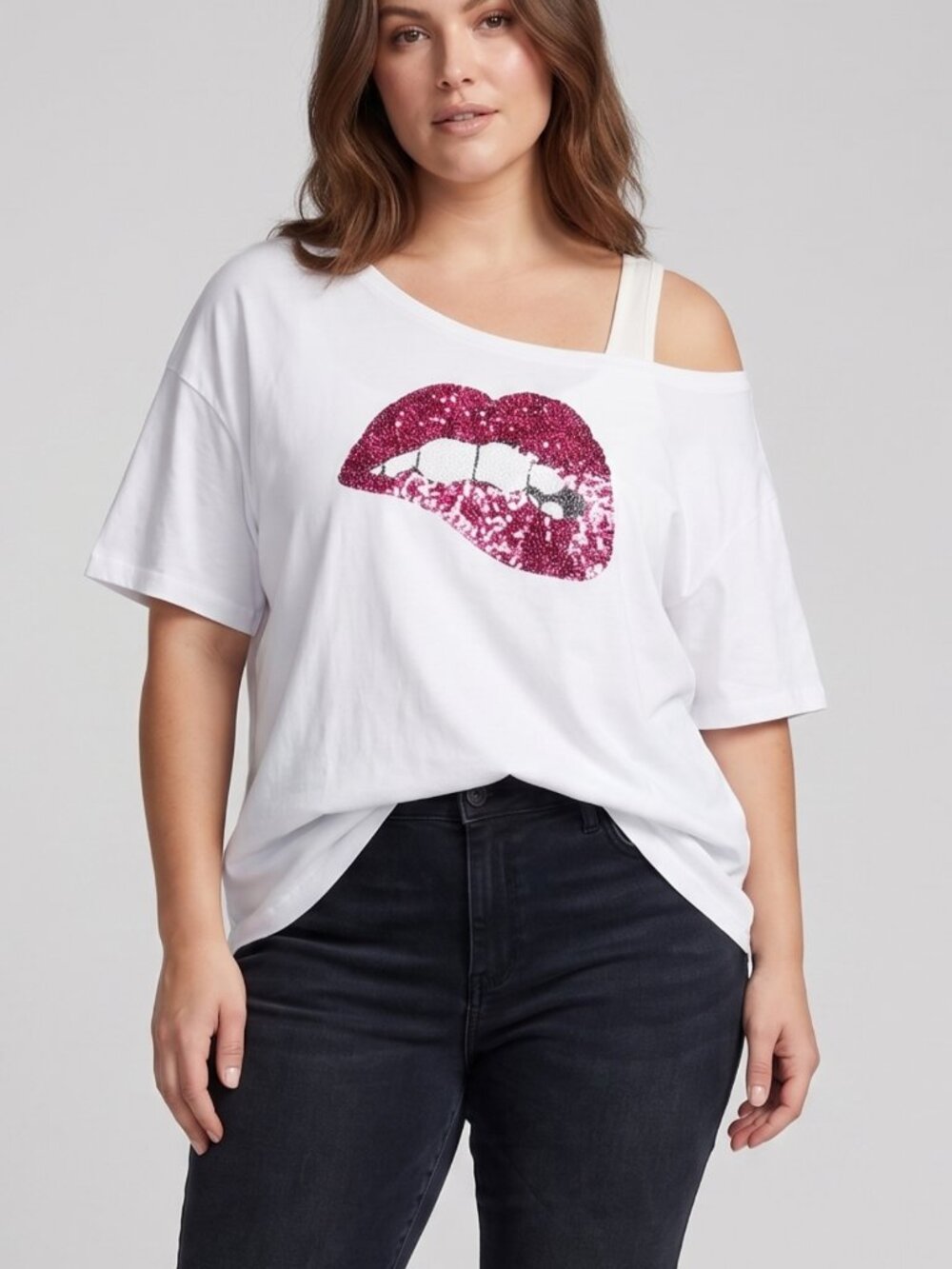 NWOT White Hot Pink Sequin Lips Biting Mouth Slouchy Off Shoulder Graphic Top XL